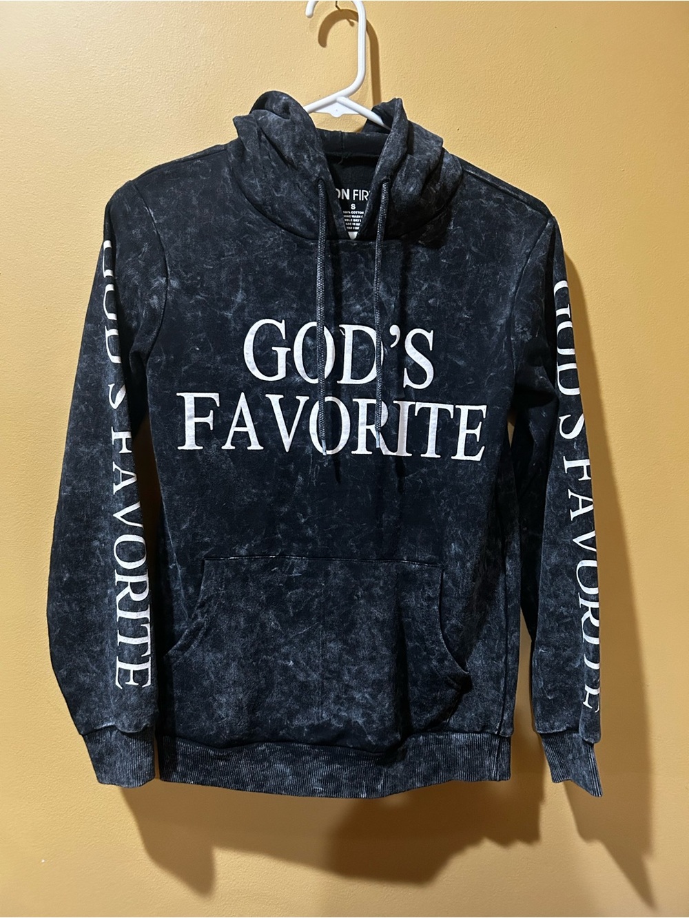 On Fire Black Mineral-Wash Crewneck Hoodie with "GOD'S FAVORITE" Graphic